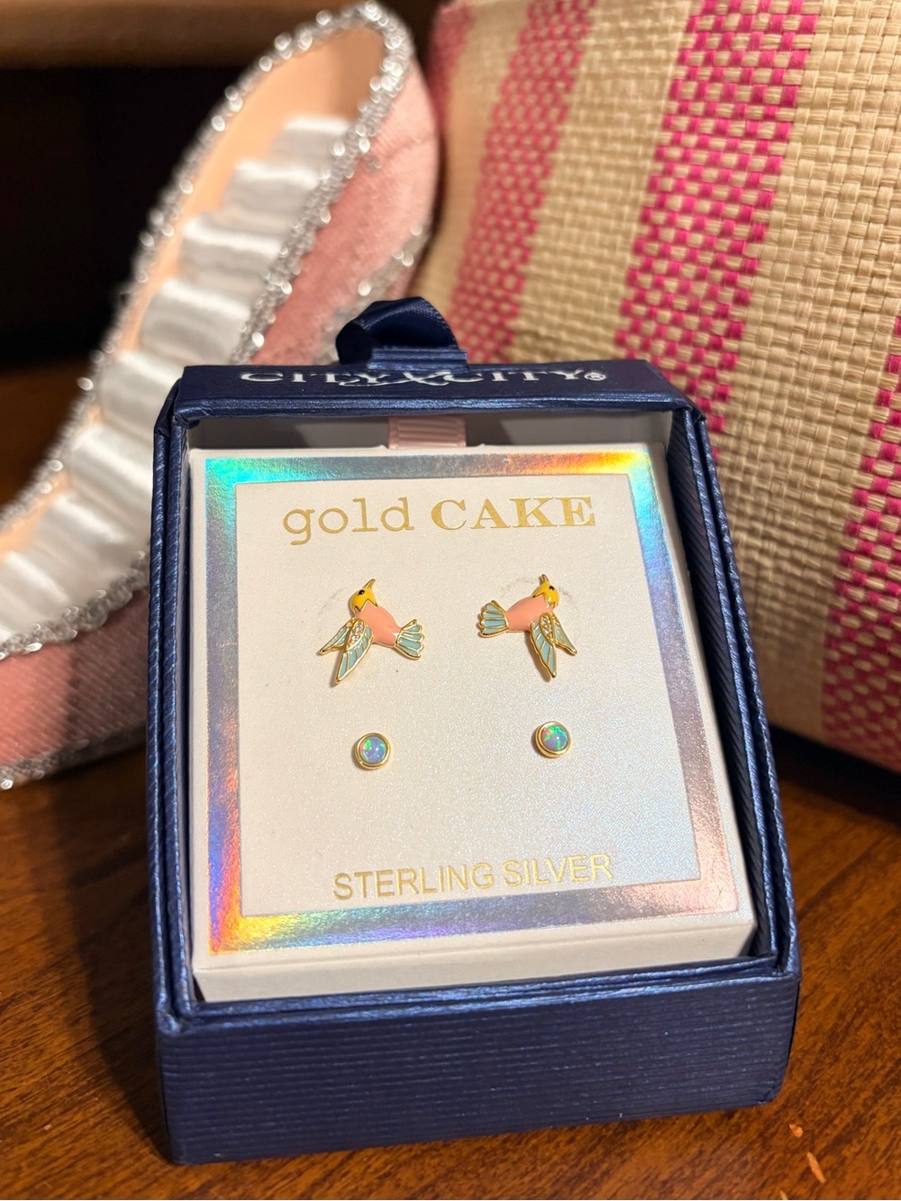 Gold Cake Sterling Silver Pink & Gold Bird Stud Earrings